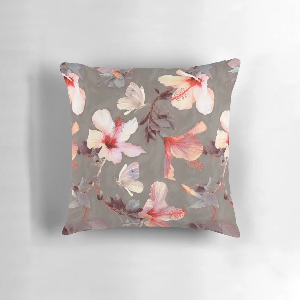 Coral Hibiscus Floral Tropical Pillow by Micklyn