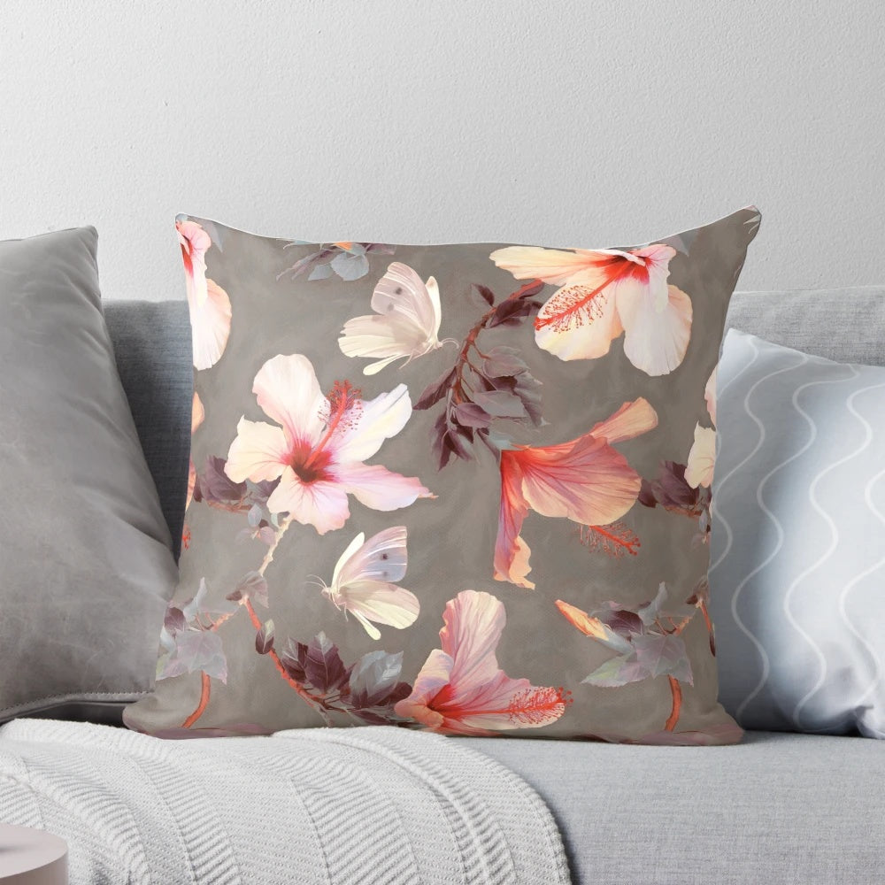 Coral Hibiscus Floral Tropical Pillow by Micklyn