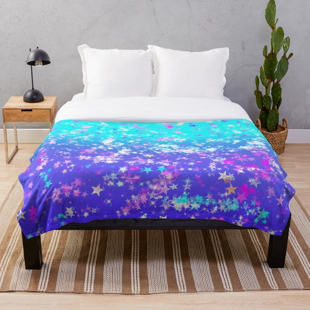Vibrant plush blanket with a cosmic stars aesthetic pattern