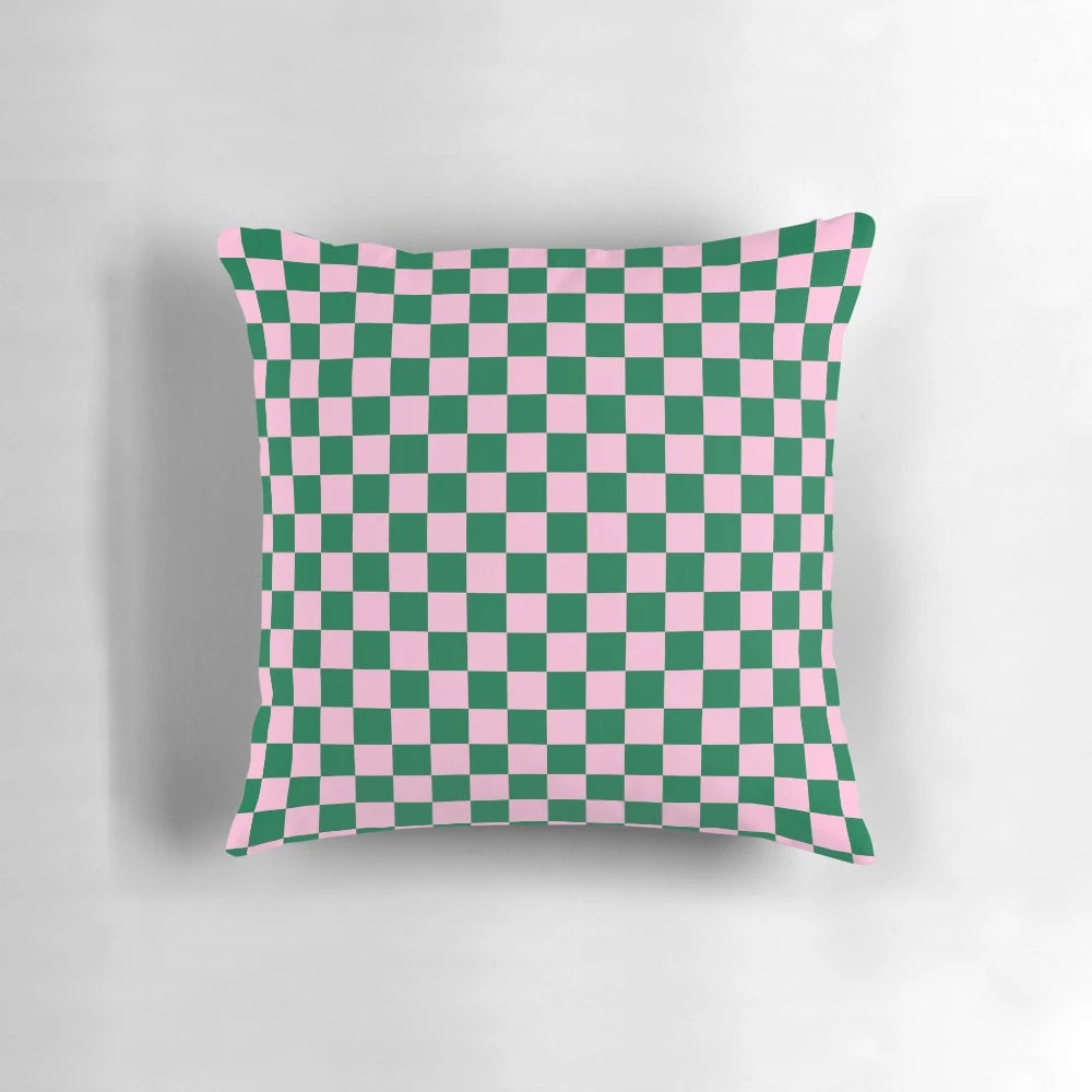 Soft and stylish cotton candy pink and cadmium green checkered pattern pillow