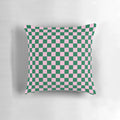 Soft and stylish cotton candy pink and cadmium green checkered pattern pillow