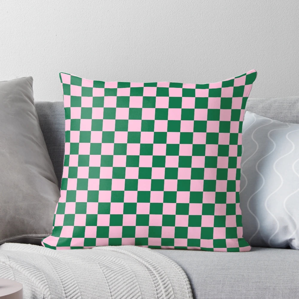 Soft and stylish cotton candy pink and cadmium green checkered pattern pillow