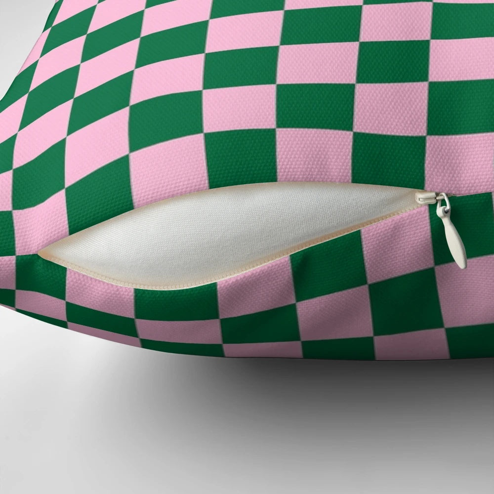Soft and stylish cotton candy pink and cadmium green checkered pattern pillow