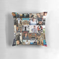Colorful collage pillow design featuring country music elements like an album cover, sun, and artist name