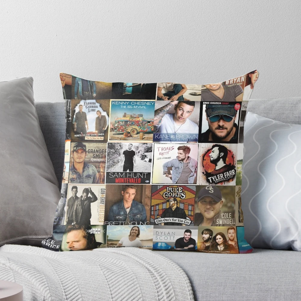 Colorful collage pillow design featuring country music elements like an album cover, sun, and artist name
