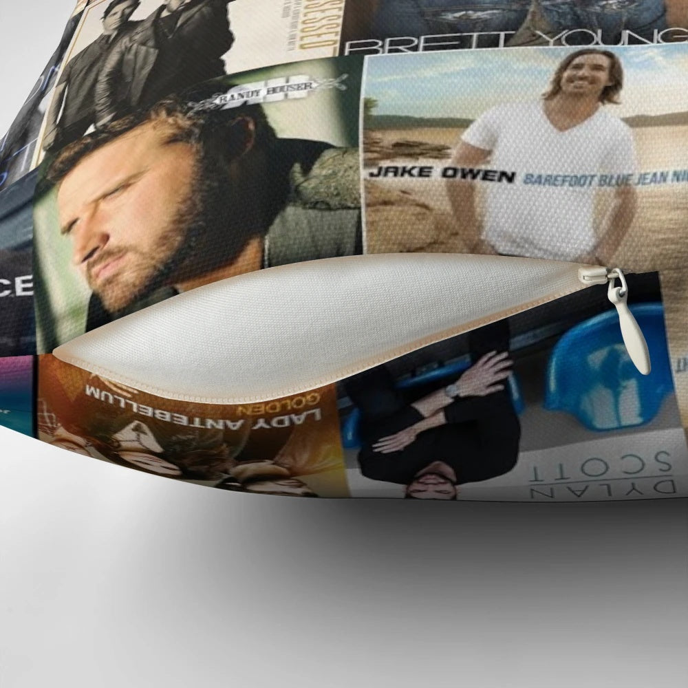 Colorful collage pillow design featuring country music elements like an album cover, sun, and artist name