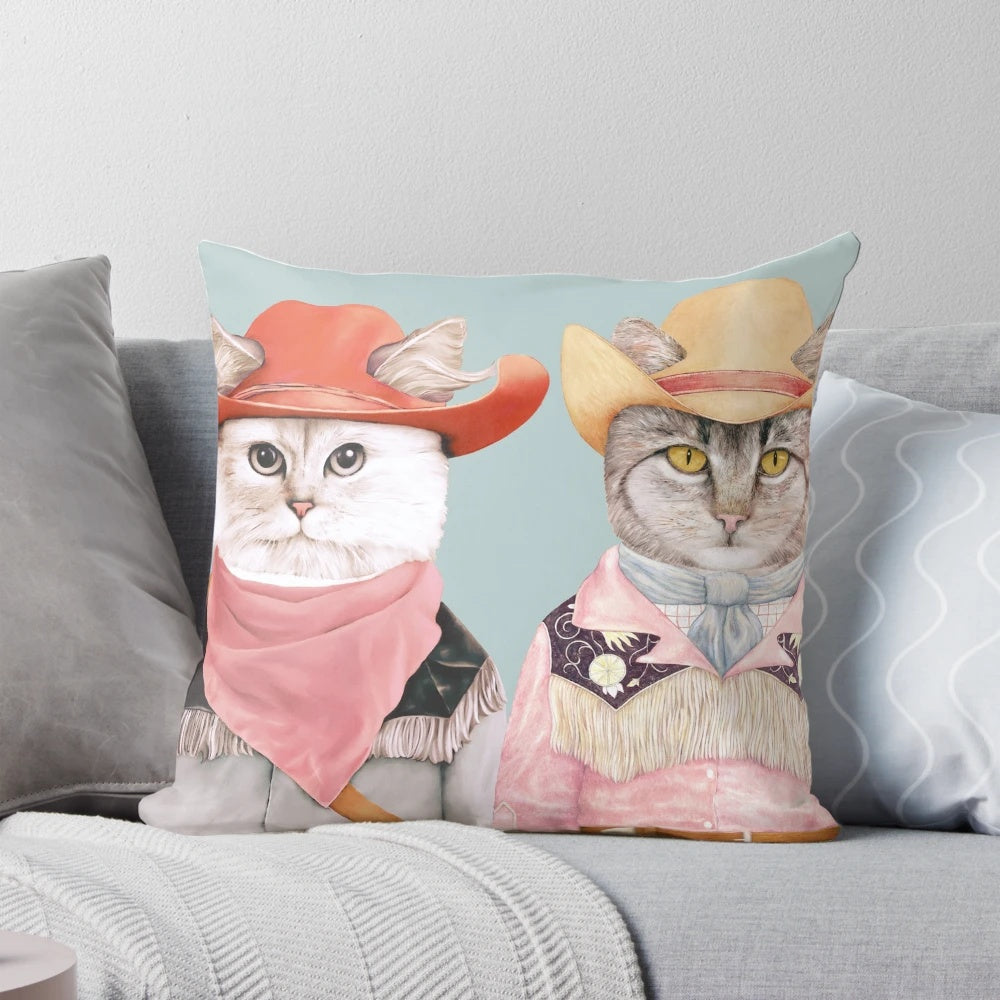 Colorful and fun pillow featuring a group of cartoon cats dressed up as cowboys and cowgirls.