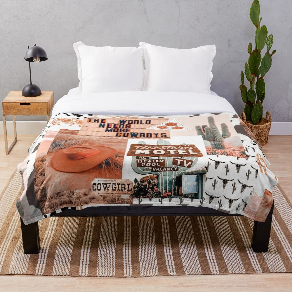 Plush blanket featuring a vibrant collage of western and cowgirl-inspired artwork