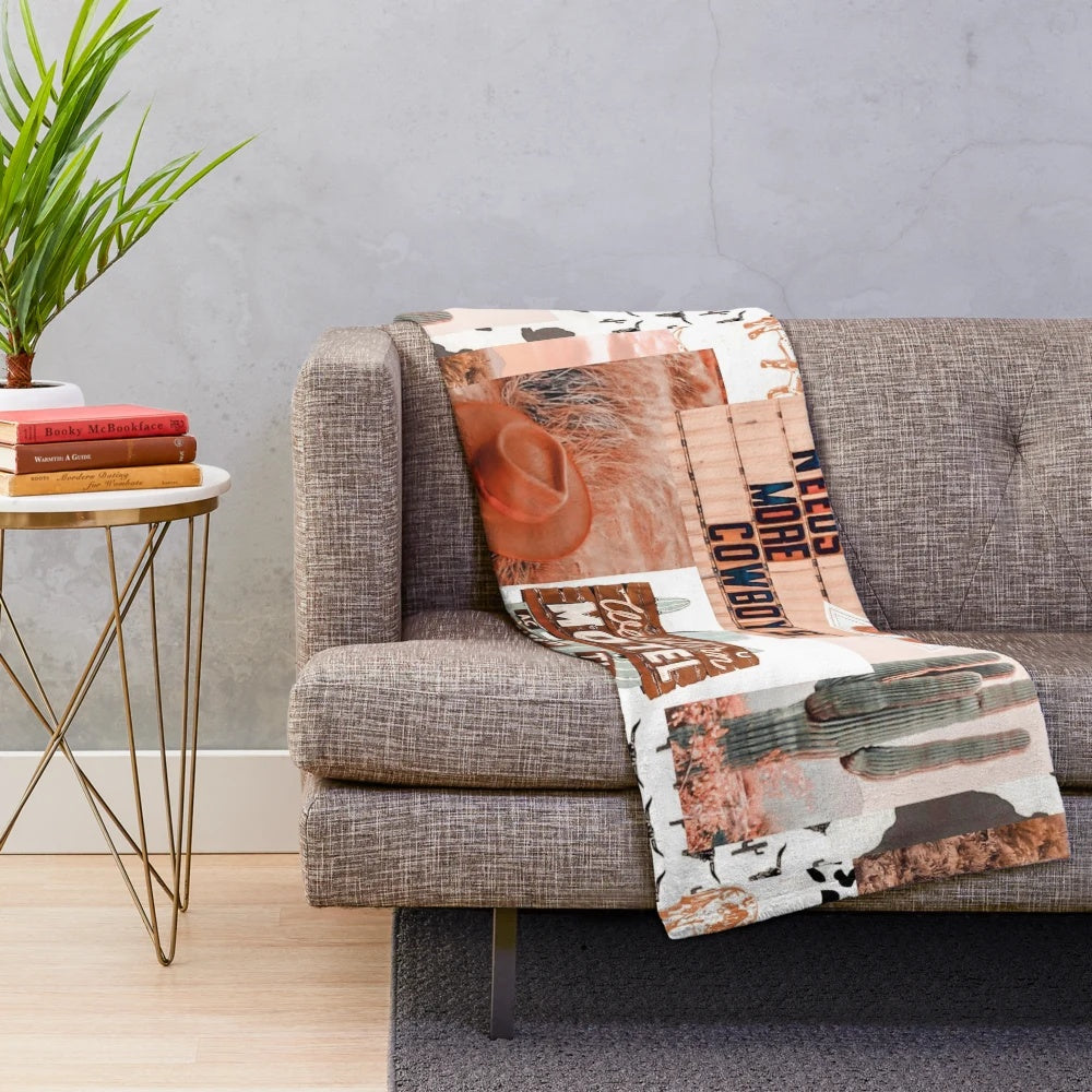 Plush blanket featuring a vibrant collage of western and cowgirl-inspired artwork