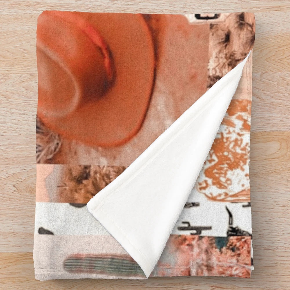 Plush blanket featuring a vibrant collage of western and cowgirl-inspired artwork