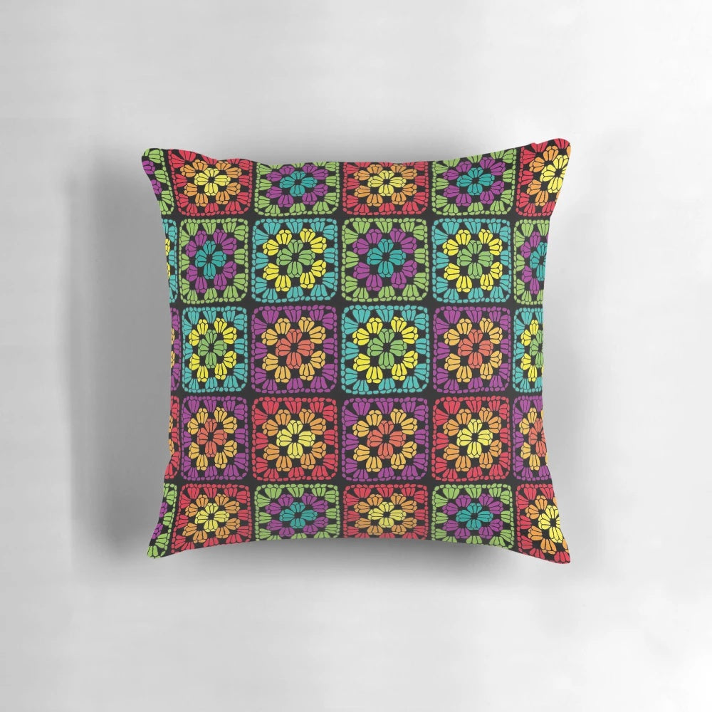 Crochet granny square pillow in colorful yarn, handmade with traditional crochet technique