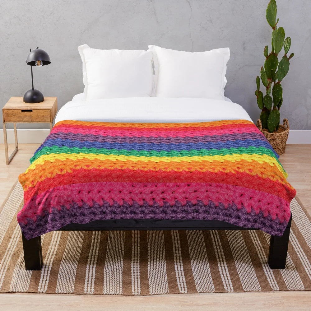 Colorful crochet rainbow plush blanket