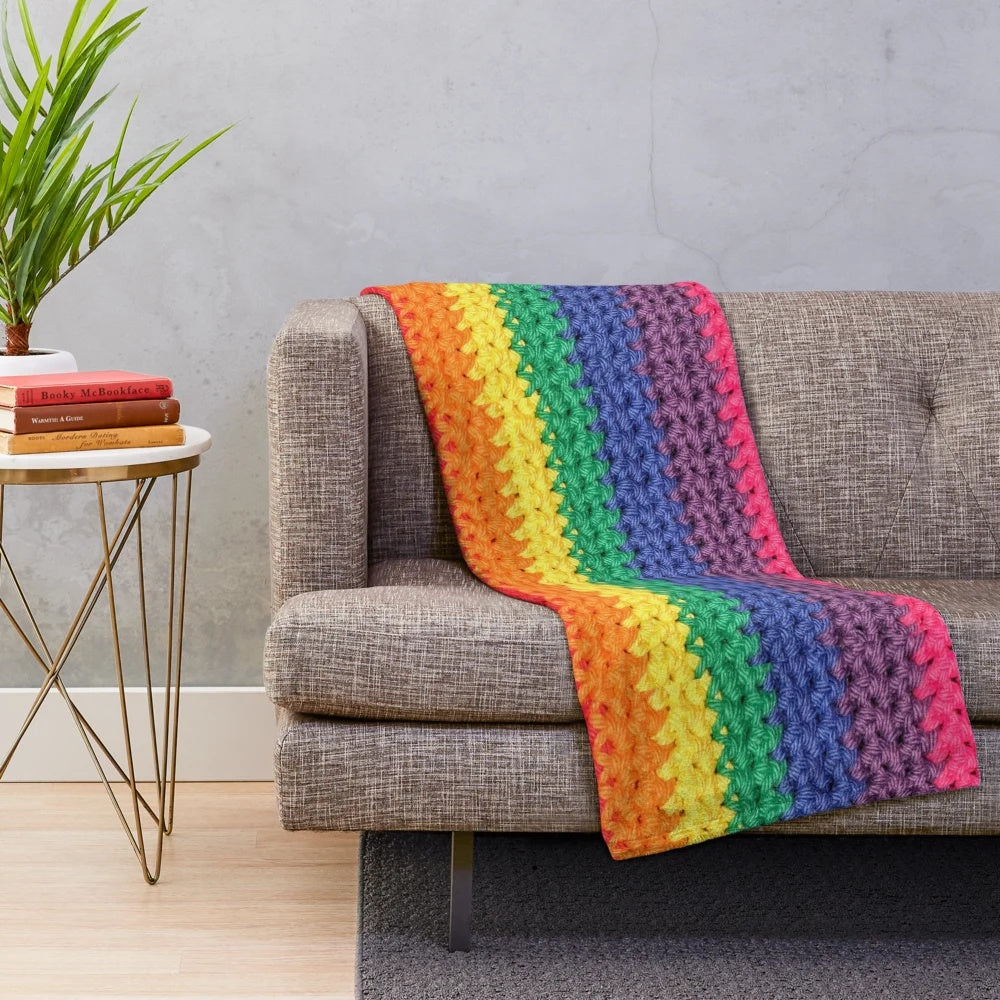 Colorful crochet rainbow plush blanket