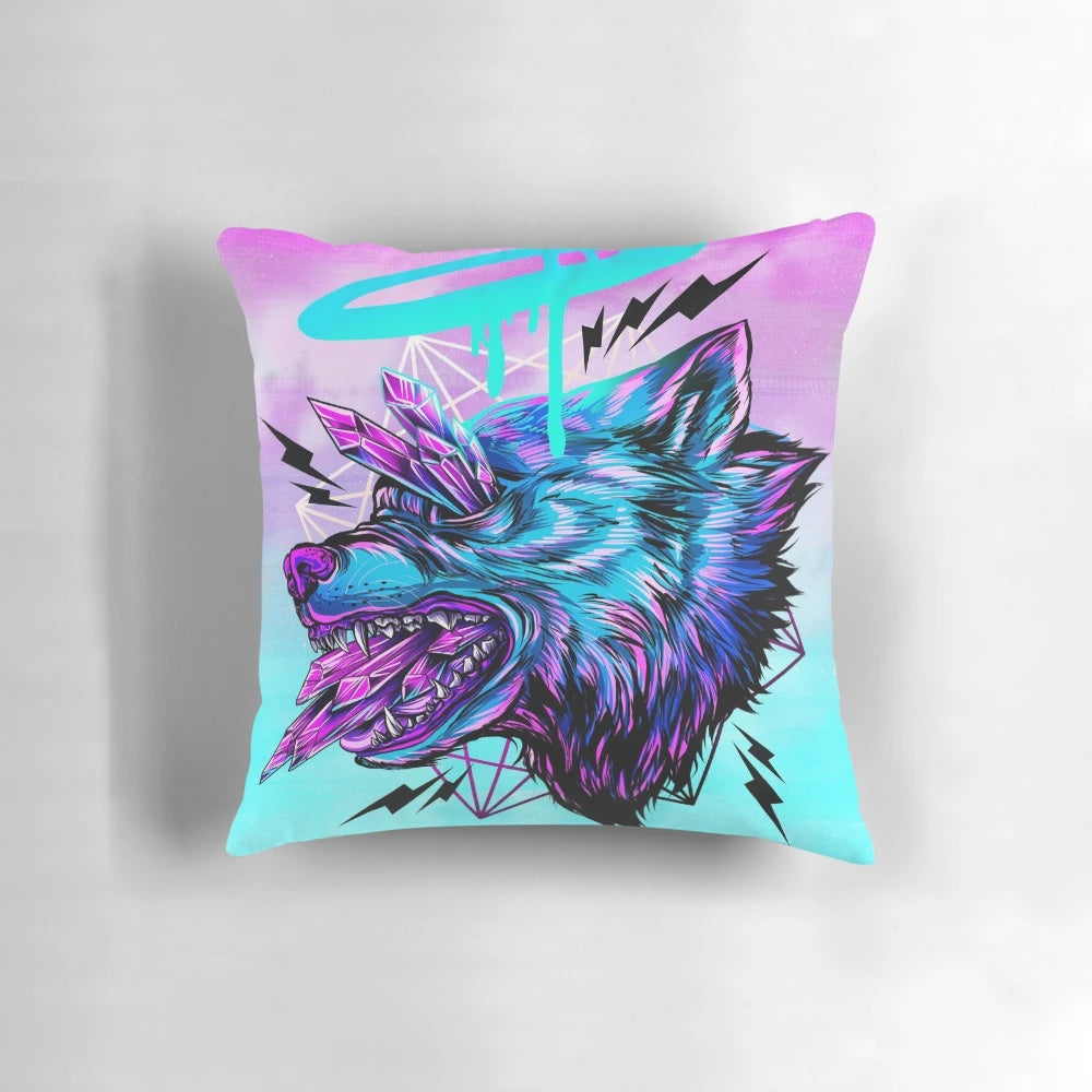 Colorful, psychedelic crystal wolf design on a pillow