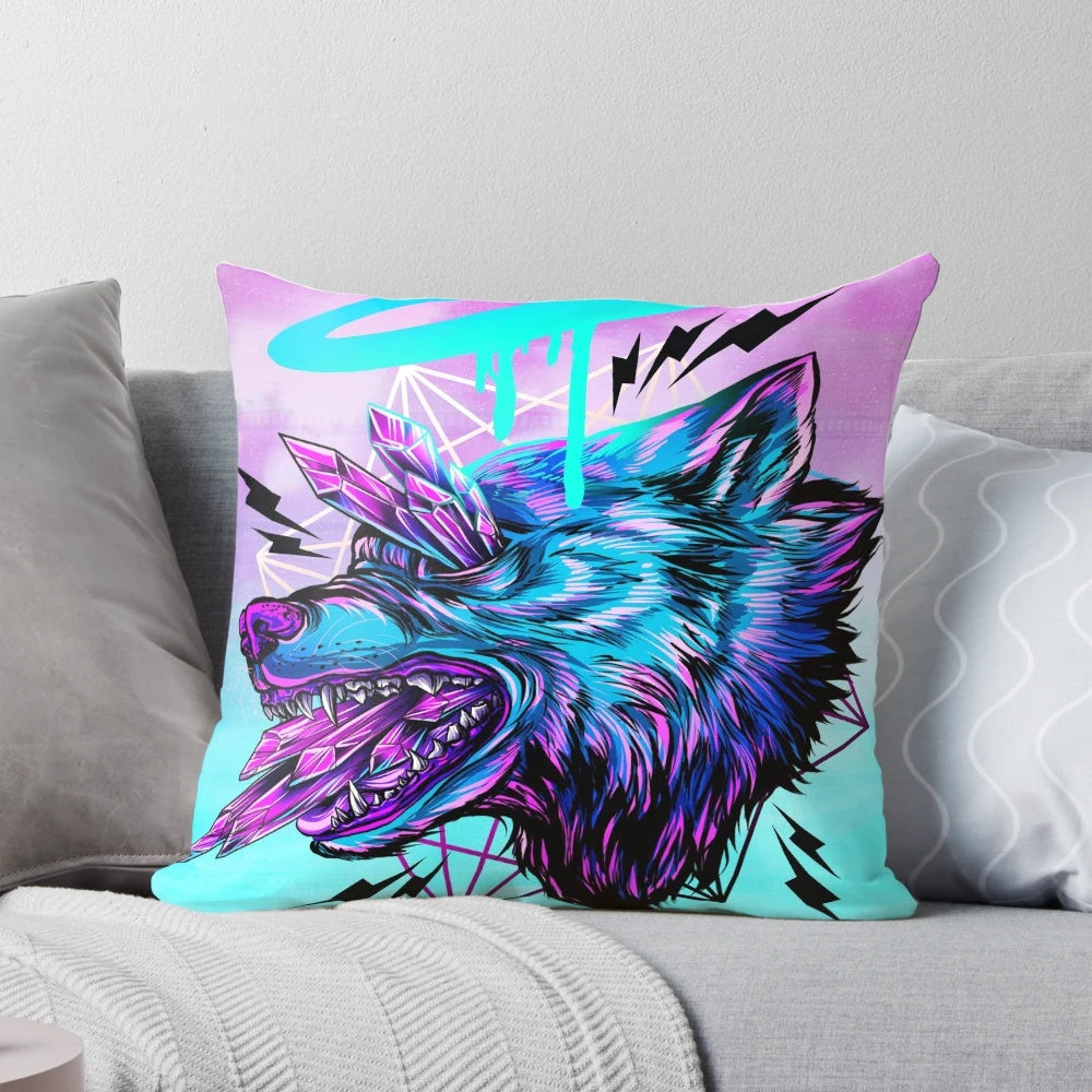 Colorful, psychedelic crystal wolf design on a pillow