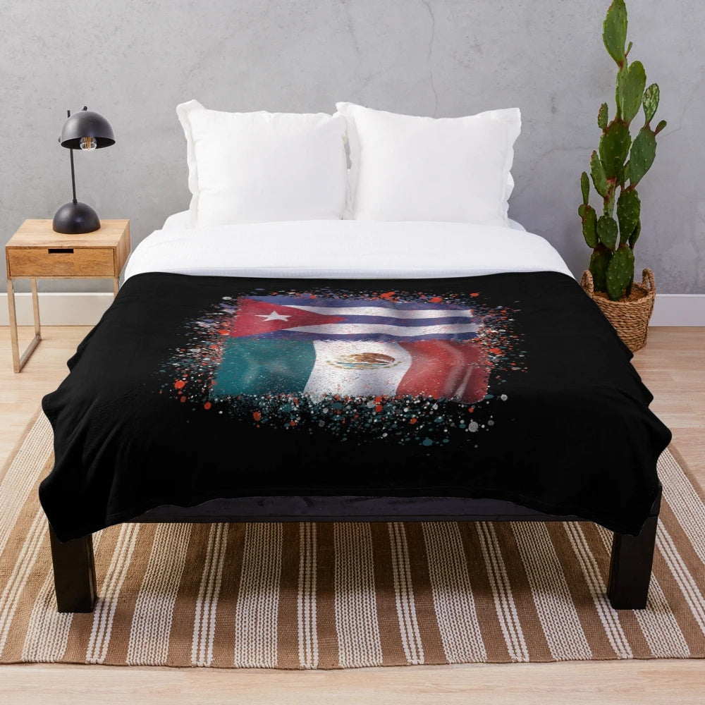Colorful plush blanket featuring the Mexican and Cuban flags, celebrating Cuban Mexican culture and pride.