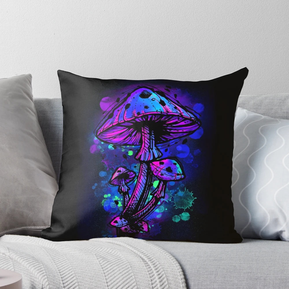 Colorful psychedelic mushroom pillow for a trippy, neon decor