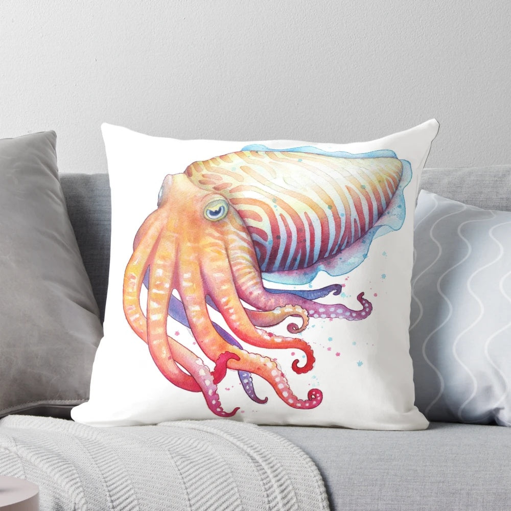 Colorful cuttlefish illustration printed on a soft, plush pillow
