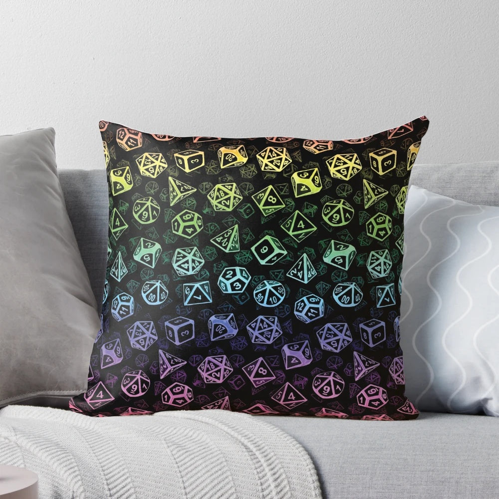 Colorful D20 dice pattern printed on a soft, plush pillow for tabletop RPG enthusiasts.