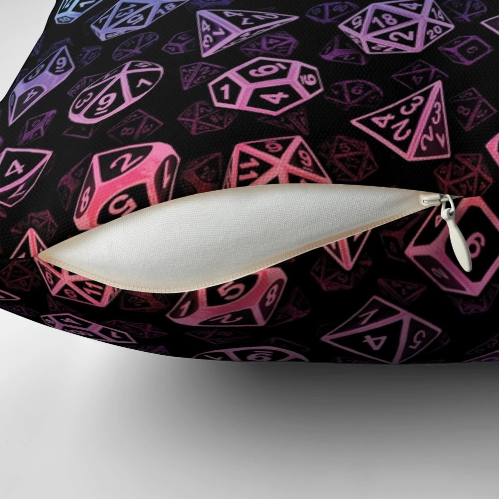 Colorful D20 dice pattern printed on a soft, plush pillow for tabletop RPG enthusiasts.