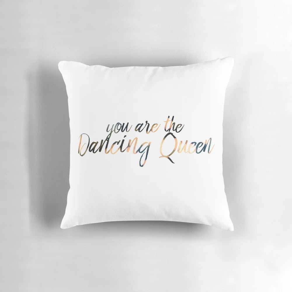 A plush, colorful pillow featuring the "Dancing Queen" lyrics and design, perfect for music enthusiasts and ABBA fans.
