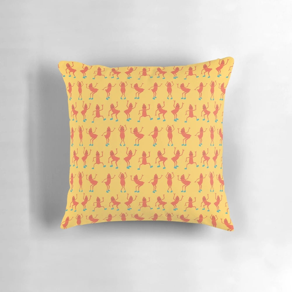 Cheerful cartoon sausage dancing on a colorful pillow