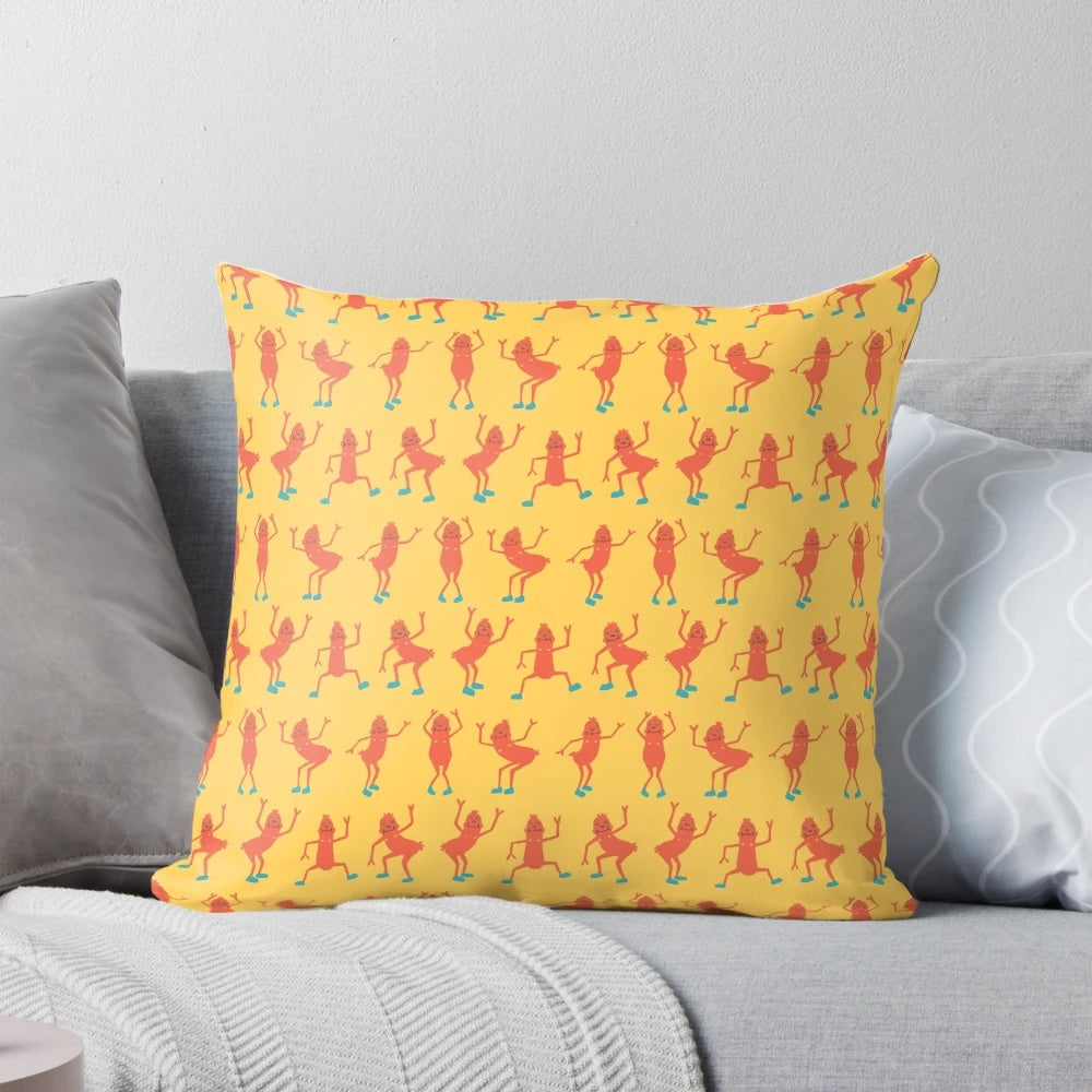 Cheerful cartoon sausage dancing on a colorful pillow