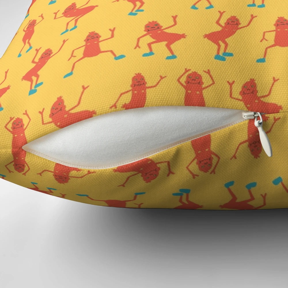 Cheerful cartoon sausage dancing on a colorful pillow