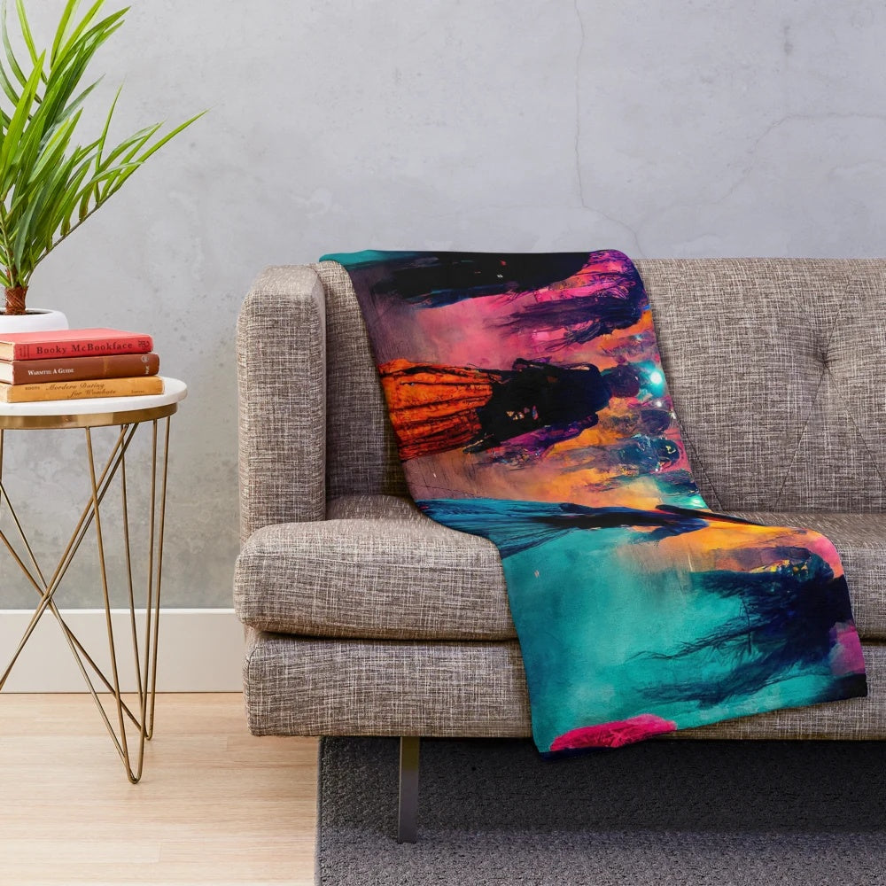 Colorful futuristic Day of the Dead inspired plush blanket
