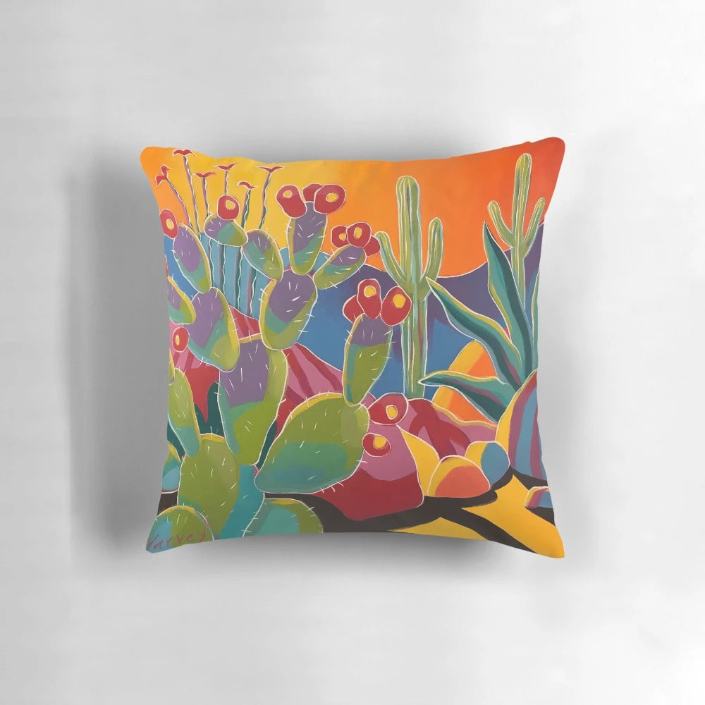 Vibrant desert landscape design printed on a soft, comfortable pillow