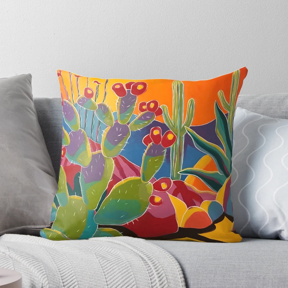 Vibrant desert landscape design printed on a soft, comfortable pillow