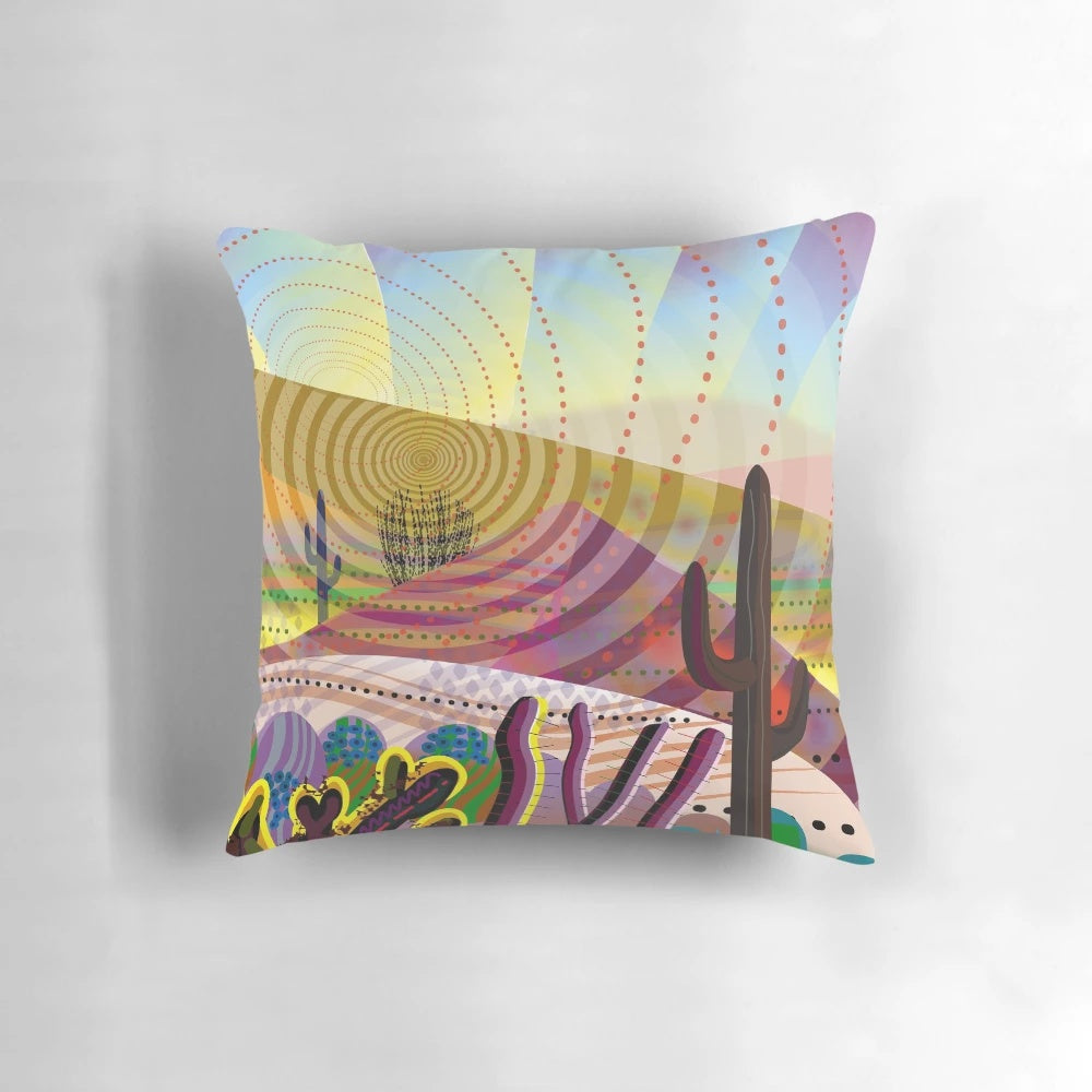 Colorful desert landscape with saguaro cactus and vibrant sky at sunrise or sunset