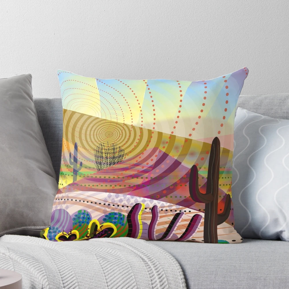 Colorful desert landscape with saguaro cactus and vibrant sky at sunrise or sunset