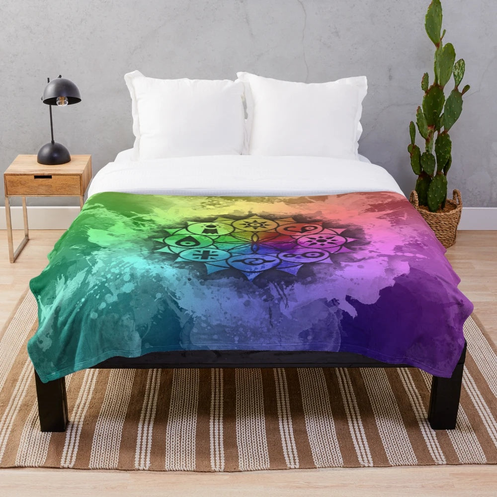 Colorful Digimon-themed mandala design plush blanket