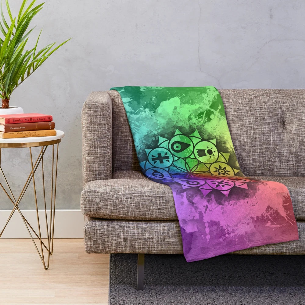 Colorful Digimon-themed mandala design plush blanket