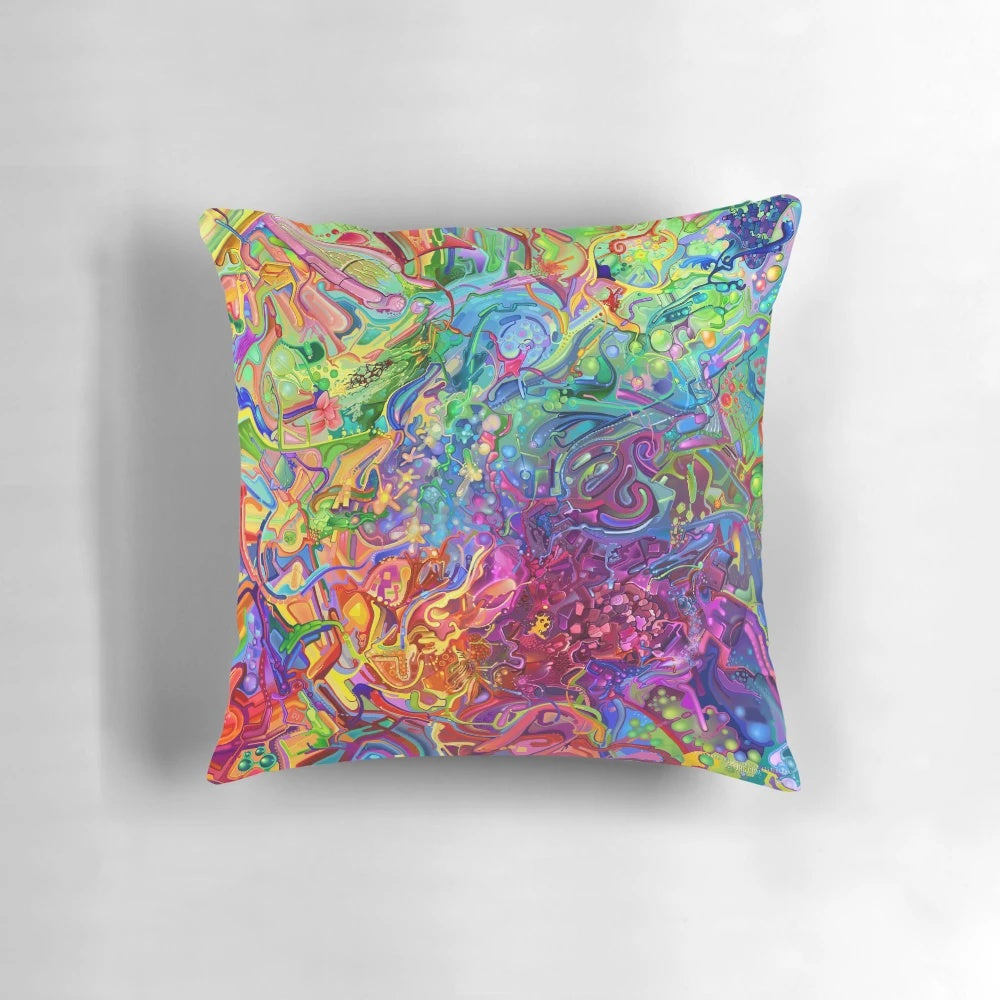 A colorful, abstract digital art and painting pillow featuring fluid geometric shapes and vibrant, psychedelic colors.