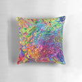 A colorful, abstract digital art and painting pillow featuring fluid geometric shapes and vibrant, psychedelic colors.