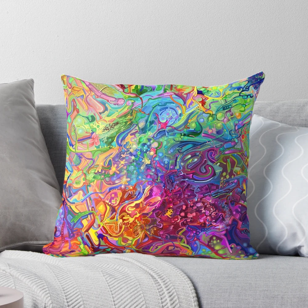 A colorful, abstract digital art and painting pillow featuring fluid geometric shapes and vibrant, psychedelic colors.