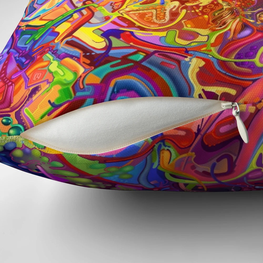 A colorful, abstract digital art and painting pillow featuring fluid geometric shapes and vibrant, psychedelic colors.