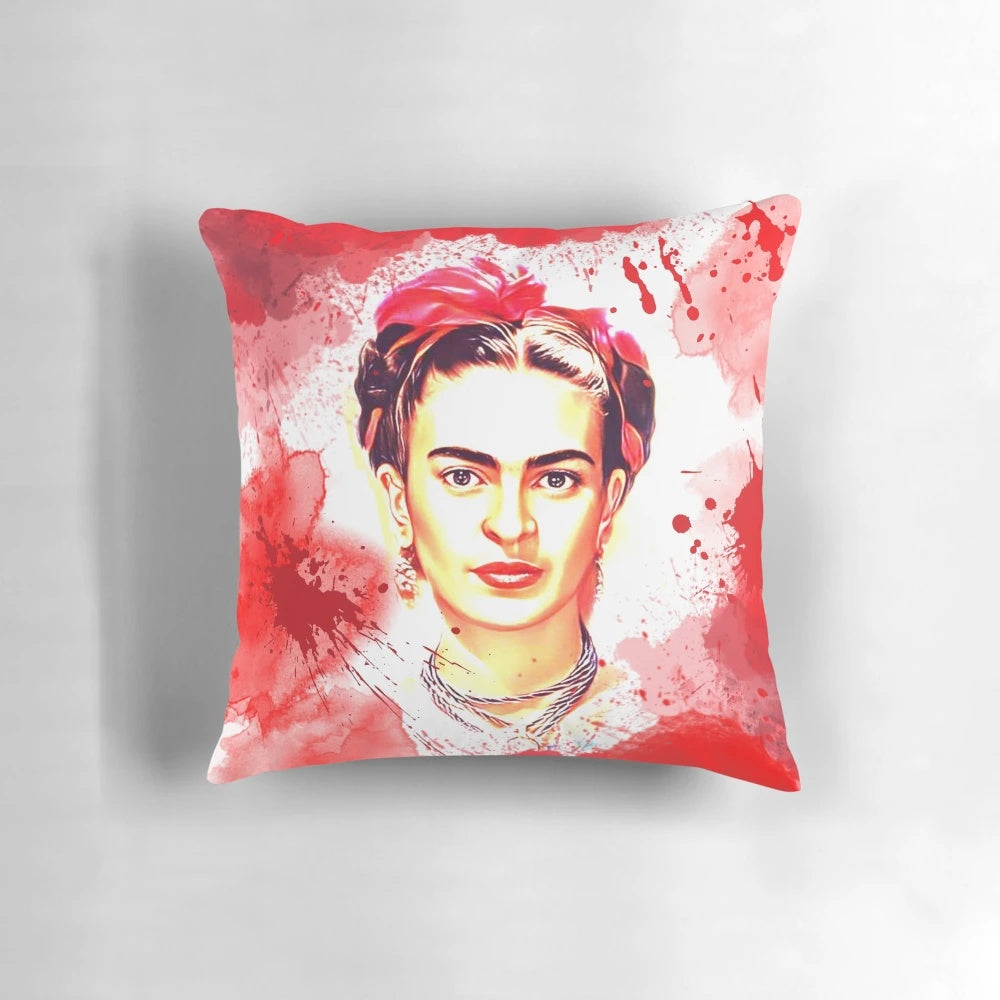 Digital illustration of Frida Kahlo's face in a red splash, modern art inspired by the Mexican artist