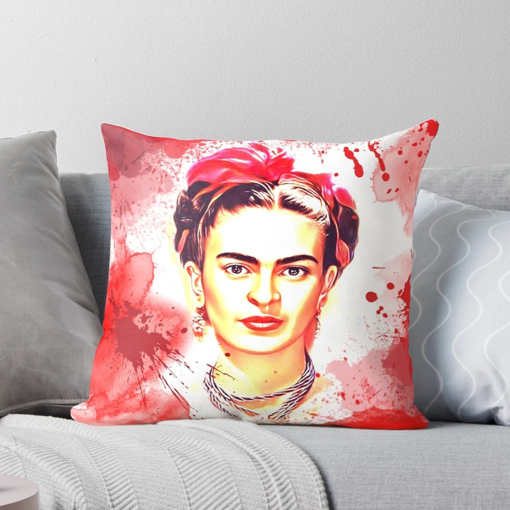 Digital illustration of Frida Kahlo's face in a red splash, modern art inspired by the Mexican artist