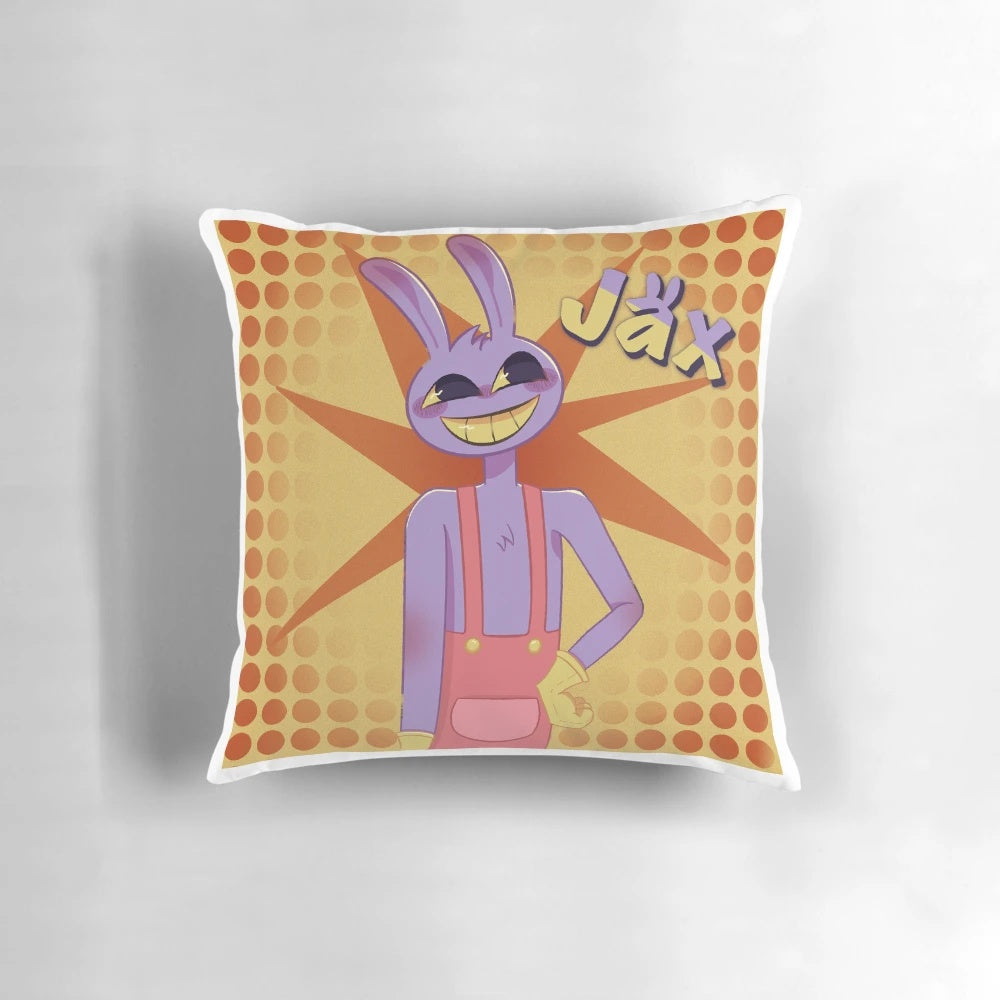 Colorful digital circus-themed throw pillow featuring the TADC JAX design