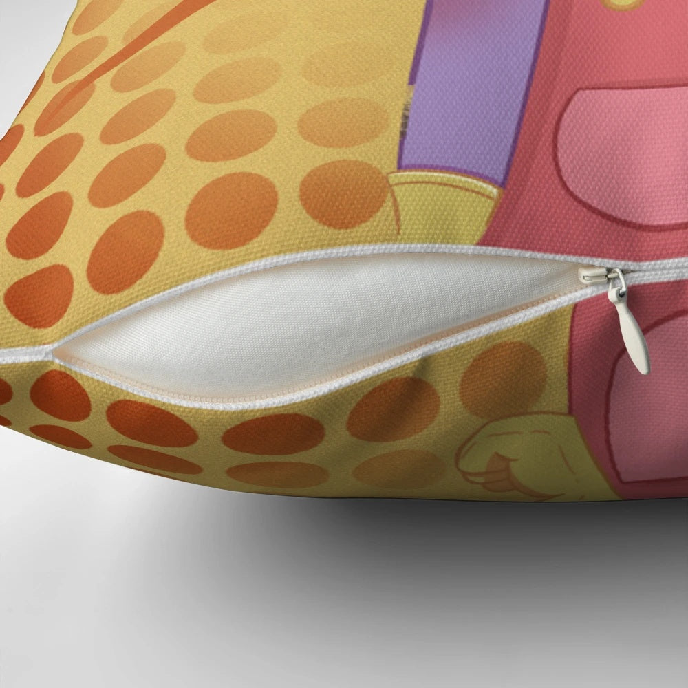 Colorful digital circus-themed throw pillow featuring the TADC JAX design