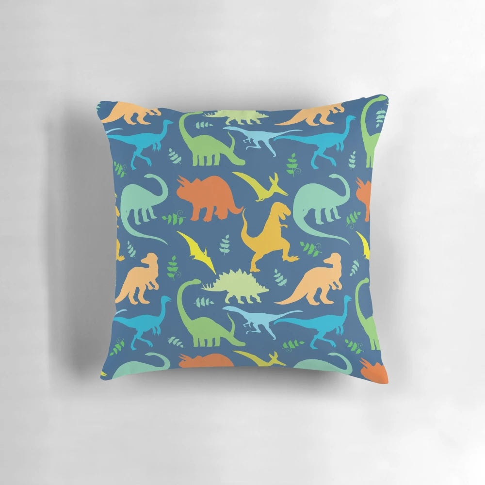 Vibrant Dinosaur Pattern Throw Pillow, colorful dinosaur silhouette design