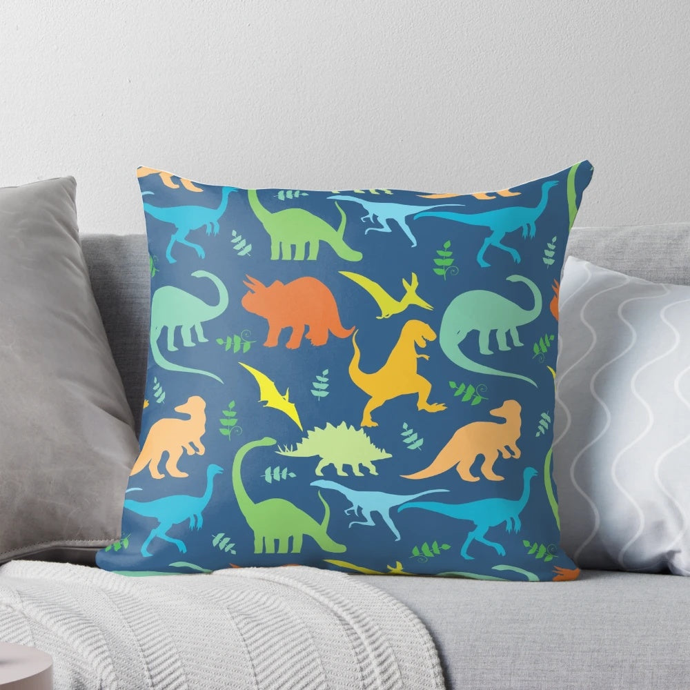 Vibrant Dinosaur Pattern Throw Pillow, colorful dinosaur silhouette design