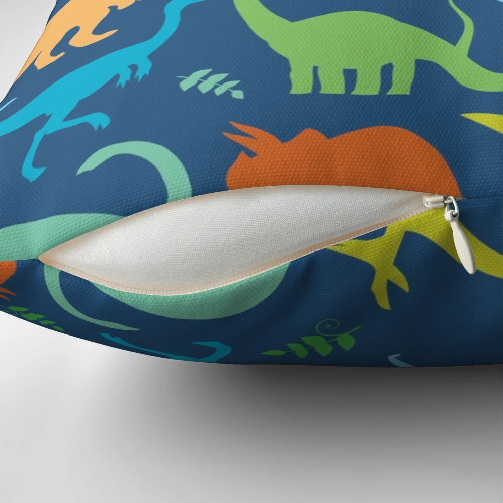Vibrant Dinosaur Pattern Throw Pillow, colorful dinosaur silhouette design