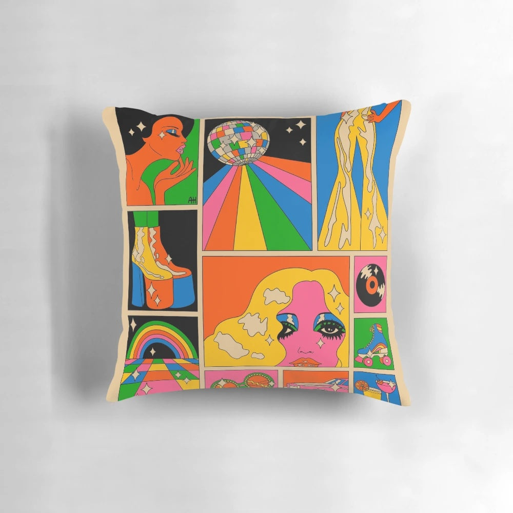 Colorful disco-themed pillow with a psychedelic, retro design