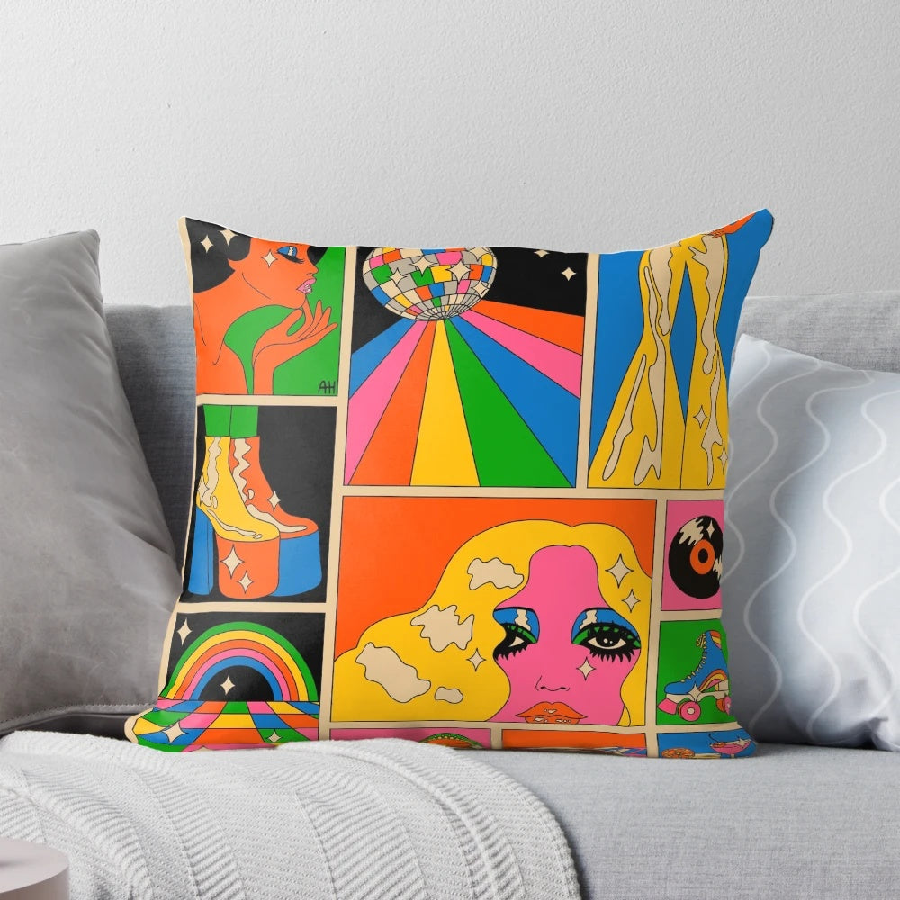 Colorful disco-themed pillow with a psychedelic, retro design