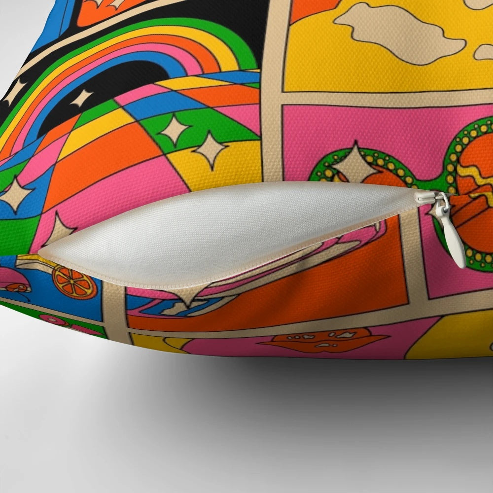 Colorful disco-themed pillow with a psychedelic, retro design