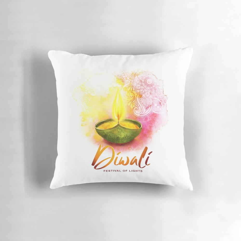 Colorful watercolor Diwali candles and decorative pillow with traditional Indian design